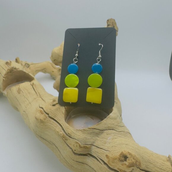 Colorful Geometric Dangle Earrings Blue Green Yellow Lightweight Boho Glass - Picture 2 of 5